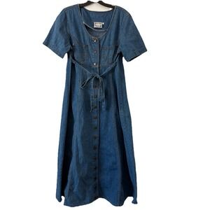 VTG Monique Fashions Denim Dress Women's 10 Button Up Belt Modest USA 80's 90's